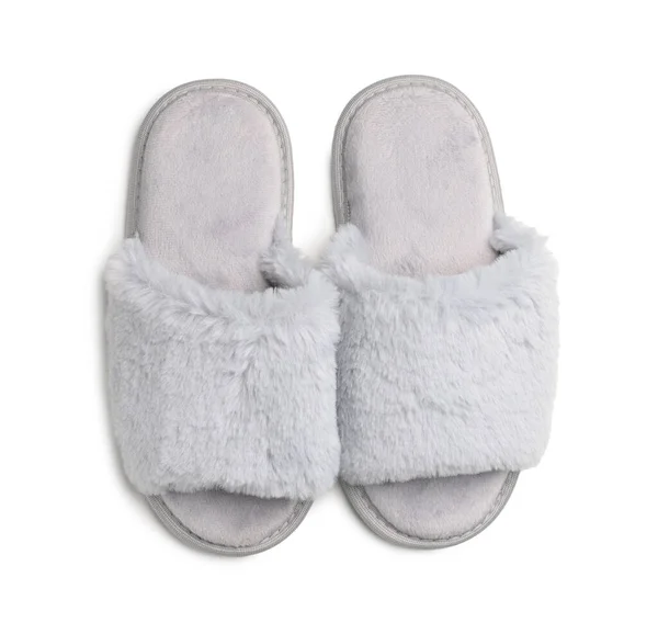 Pair Soft Fluffy Slippers White Background Top View — Stockfoto