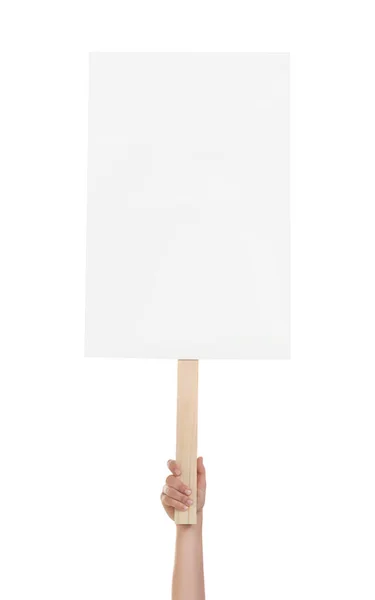 Woman Holding Blank Protest Sign White Background Closeup — Fotografia de Stock