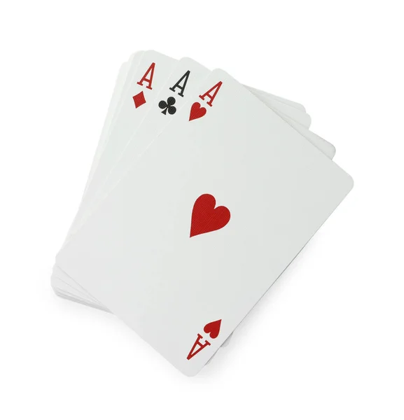 Three Aces Playing Cards White Background Top View — Stok fotoğraf