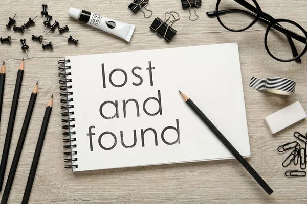 Flat Lay Composition Sketchbook Phrase Lost Found Wooden Table — Stock Fotó