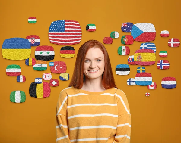Portrait Interpreter Flags Different Countries Yellow Background — Stockfoto