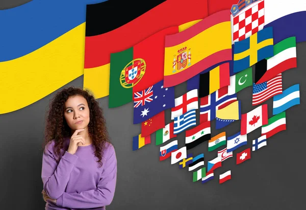 Portrait Interpreter Flags Different Countries Grey Background — Photo