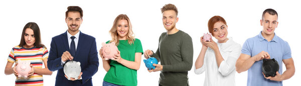 Collage with photos of people holding piggy banks on white background. Banner design