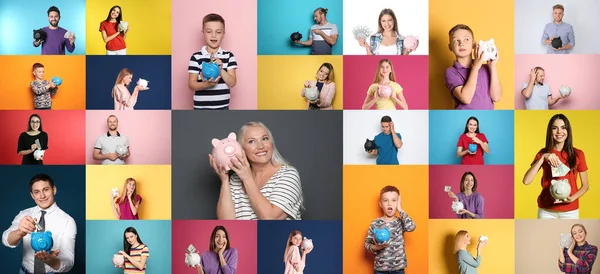 Collage Photos People Holding Piggy Banks Different Color Backgrounds Banner — Zdjęcie stockowe