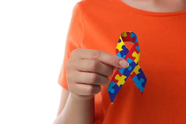 World Autism Awareness Day Woman Colorful Puzzle Ribbon White Background — ストック写真