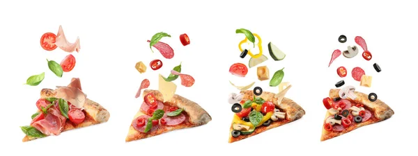 Ломтики Вкусной Пиццы Летящих Ингредиентов Белом Фоне Коллаж Баннерный Дизайн — стоковое фото