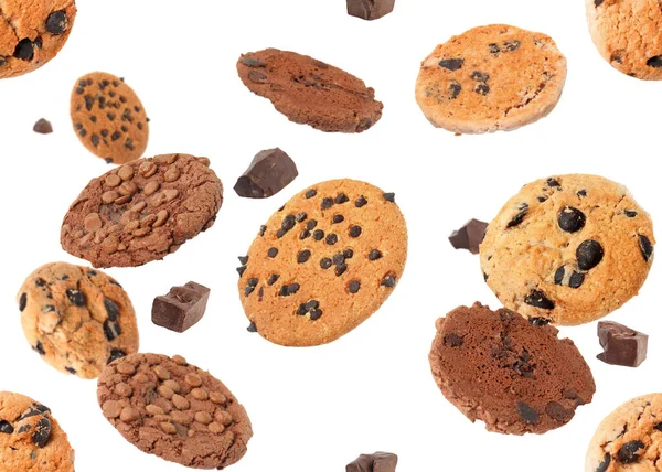 Delicious Chocolate Chip Cookies Falling White Background — Photo