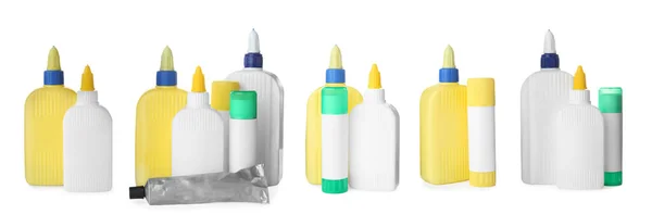 Set Tube Bottles Sticks Glue White Background Banner Design — Stock fotografie