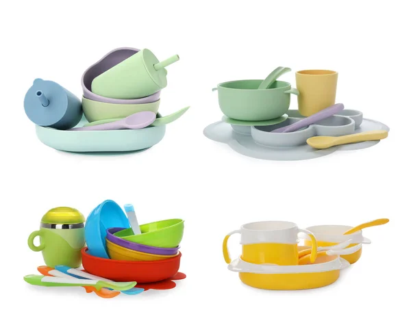 Set Colorful Dishware White Background Serving Baby Food — Fotografia de Stock