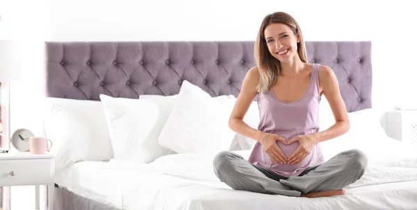 Happy Pregnant Woman Sitting Bed Home Space Text Banner Design — Foto Stock