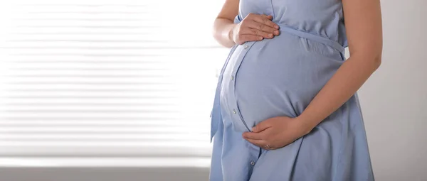 Young Pregnant Woman Window Indoors Closeup View Space Text Banner — ストック写真