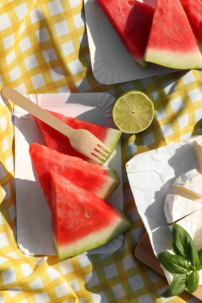 Delicious Watermelon Cheese Lime Picnic Blanket Flat Lay — Stock Photo, Image