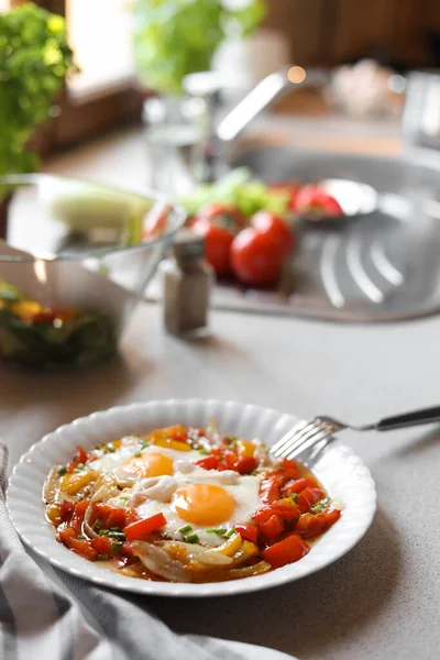Plate Tasty Fried Eggs Vegetables Table Kitchen Space Text — Stock Photo, Image