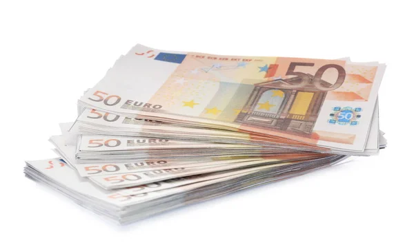 成堆的欧元钞票被隔离在白色上 货币和金融 — 图库照片