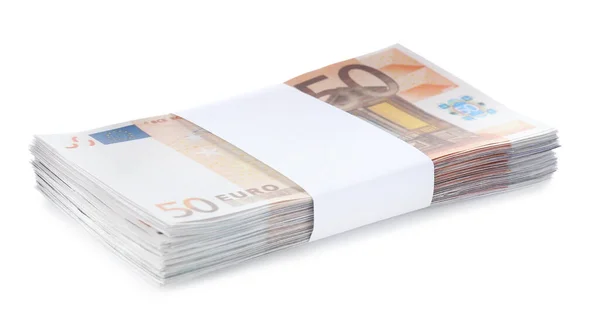 一堆堆的欧元钞票被隔离在白色上 货币和金融 — 图库照片