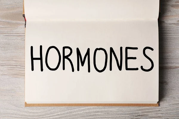 Notebook Word Hormones White Wooden Table Top View — Stockfoto