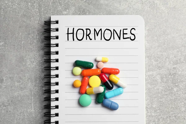 Notebook Word Hormones Pills Grey Table Top View — 图库照片