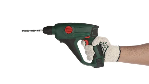 Worker Power Drill White Background Closeup — 图库照片