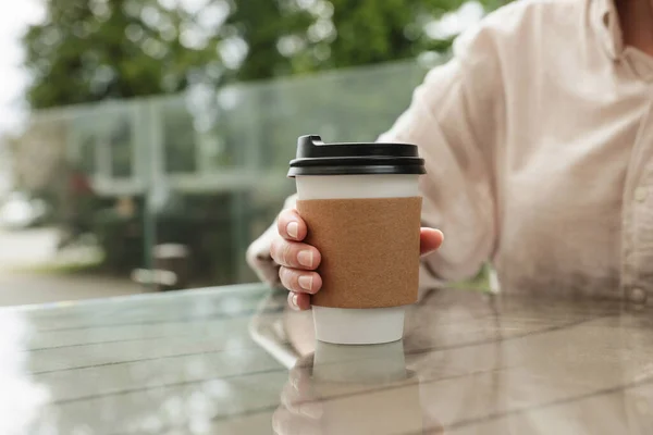 Woman Holding Paper Takeaway Cup Glass Table Outdoors Closeup Coffee — Stock Photo, Image