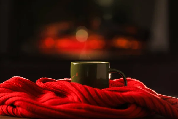 Cup Hot Drink Red Knitted Scarf Wooden Table Indoors Cozy — Foto de Stock