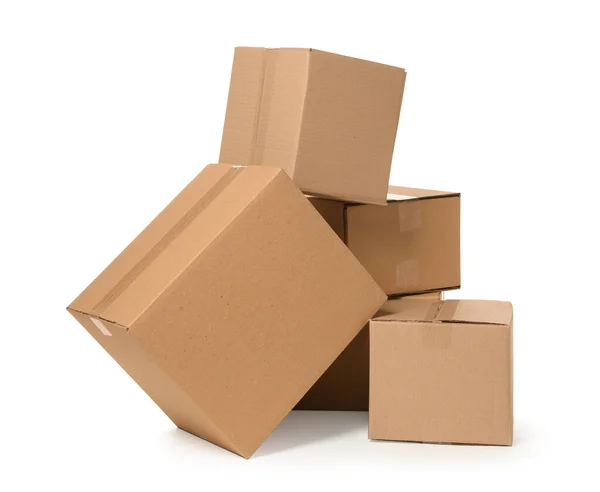 Many Closed Cardboard Boxes White Background Delivery Service — Stockfoto