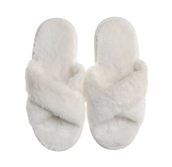 Pair Soft Fluffy Slippers White Background Top View — Zdjęcie stockowe