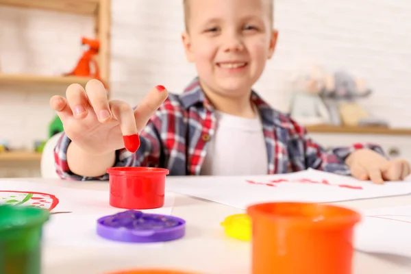 Little Boy Painting Finger White Table Indoors Focus Hand — Stock Photo, Image
