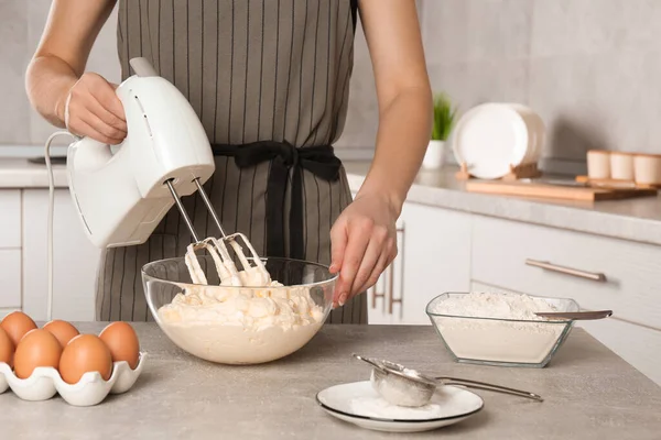 Woman Whipping White Cream Mixer Light Grey Table Kitchen Closeup — 스톡 사진