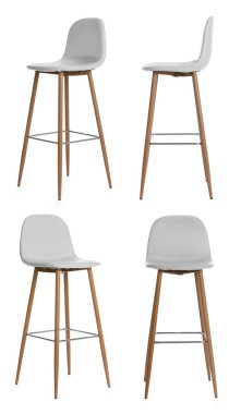 Set with stylish bar stools on white background