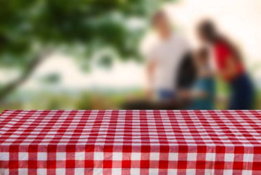 Güneşli bir günde açık havada kareli piknik örtüsü olan masa. Tasarım için boşluk