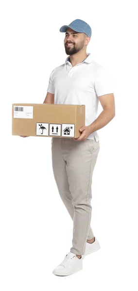 Courier Holding Cardboard Box White Background — Stock fotografie