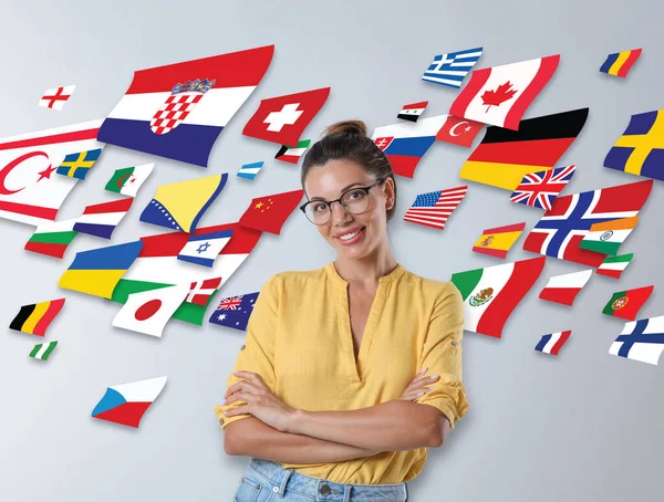 Portrait Interpreter Eyeglasses Flags Different Countries Light Background — Photo