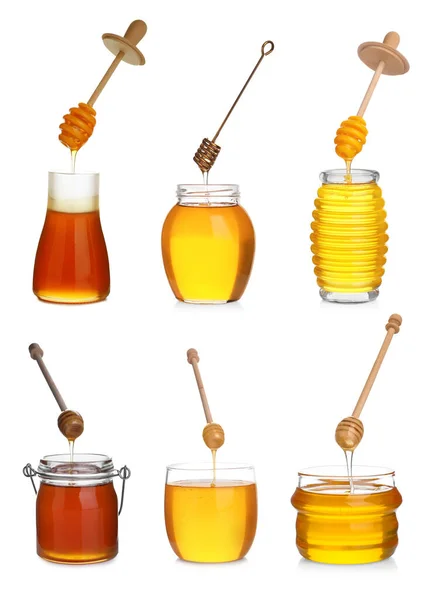 Set Tasty Natural Honey White Background — Stockfoto