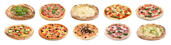 Beyaz Arka Planda Farklı Lezzetli Pizzalarla Ayarlanmış Pankart Tasarımı — Stok fotoğraf