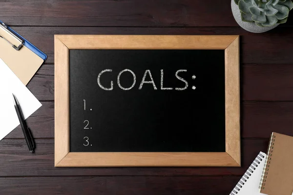 Blackboard Word Goals Empty Checklist Wooden Background Flat Lay —  Fotos de Stock