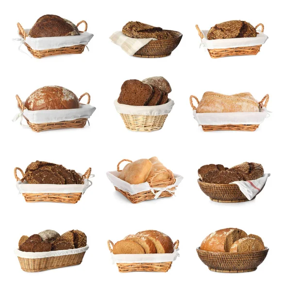 Collage Different Bread Baskets White Background — Stok fotoğraf