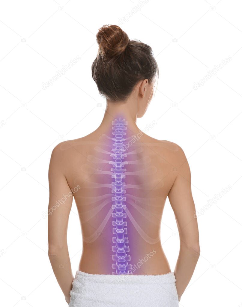 Woman with healthy spine on white background, back view