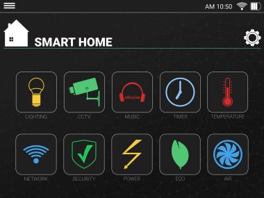 Screen of tablet with SMART HOME app, illustration. Automatic technology