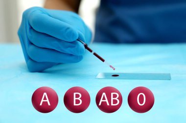 Icons representing different blood types and scientist working with samples in laboratory, closeup