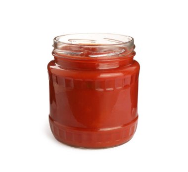 Cam kavanoz dolusu nefis konserve leço beyaza izole edilmiş.