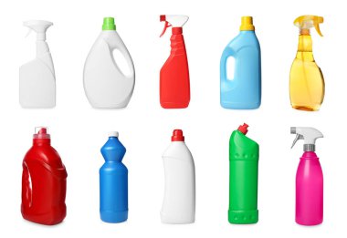 Set with different cleaning products on white background