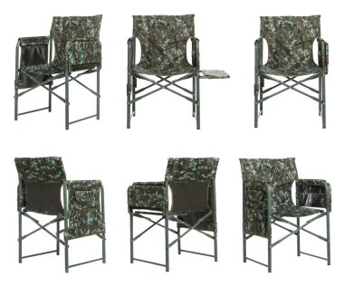 Set with comfortable camouflage fishing chairs on white background