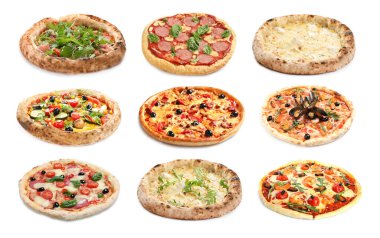 Beyaz arka plan üzerinde farklı leziz pizzalar ile ayarla