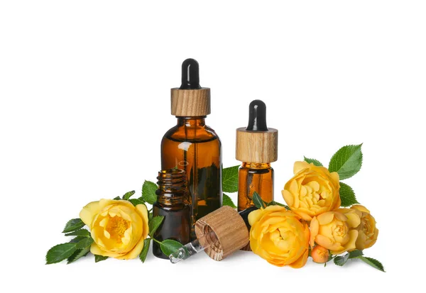 Bottles Rose Essential Oil Flowers White Background — Stockfoto