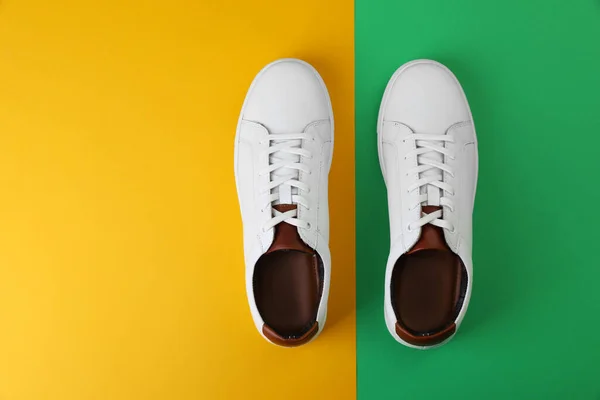 Ζεύγος Από Κομψά Αθλητικά Παπούτσια Στο Φόντο Χρώμα Επίπεδη Lay — Φωτογραφία Αρχείου