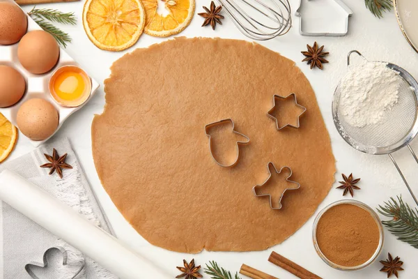Flat Lay Composition Dough Cookie Cutters White Table Christmas Biscuits — Fotografia de Stock