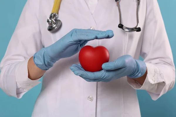 Doctor Stethoscope Red Heart Light Blue Background Closeup Cardiology Concept — Stock Photo, Image