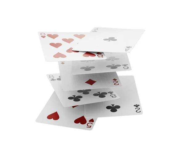 Different Playing Cards Floating White Background Poker Game — 图库照片