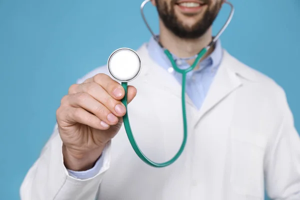Doctor Stethoscope Light Blue Background Closeup Cardiology Concept — Foto Stock