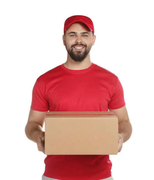 Courier Holding Cardboard Box White Background — Stok fotoğraf